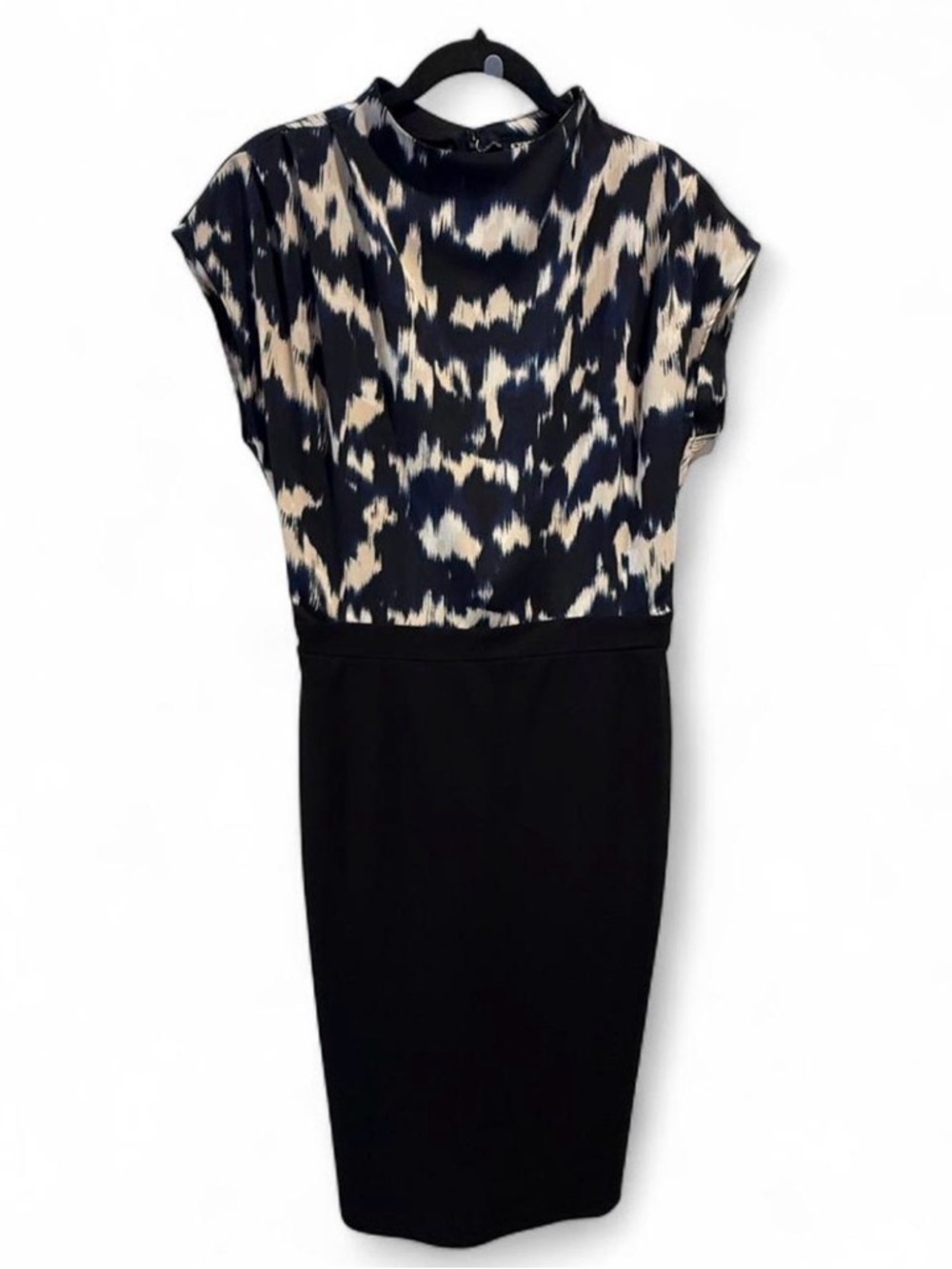 Express Black and Cream Abstract Print Midi Sheath Dress